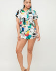 Satin Dolman Print Button Down Top And Shorts Set