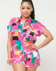 Satin Dolman Print Button Down Top And Shorts Set