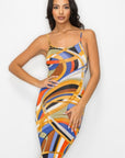 Crossed Back Marble Print Multicolor Midi Dress