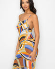 Crossed Back Marble Print Multicolor Midi Dress