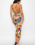 Crossed Back Marble Print Multicolor Midi Dress