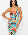 Crossed Back Marble Print Multicolor Midi Dress