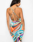 Crossed Back Marble Print Multicolor Midi Dress