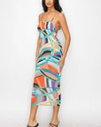 Crossed Back Marble Print Multicolor Midi Dress