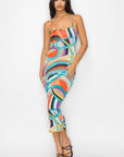 Crossed Back Marble Print Multicolor Midi Dress