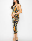 Crossed Back Marble Print Multicolor Midi Dress