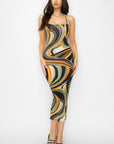 Crossed Back Marble Print Multicolor Midi Dress