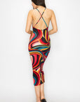 Crossed Back Marble Print Multicolor Midi Dress