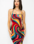 Crossed Back Marble Print Multicolor Midi Dress