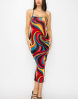 Crossed Back Marble Print Multicolor Midi Dress